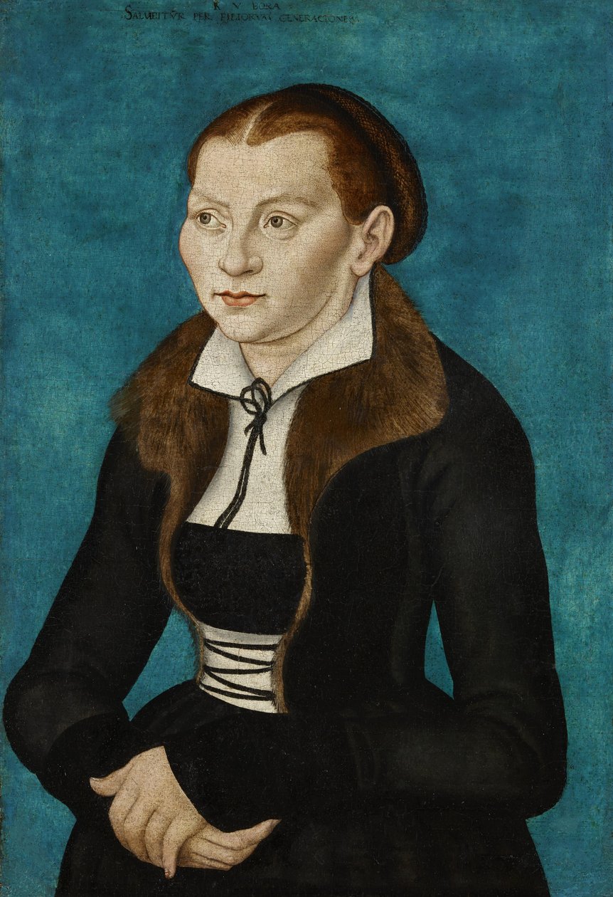 Německy: Katharina von Bora jako poloviční postava vlevo Katharina z Bory od workshop of Lucas Cranach the Elder