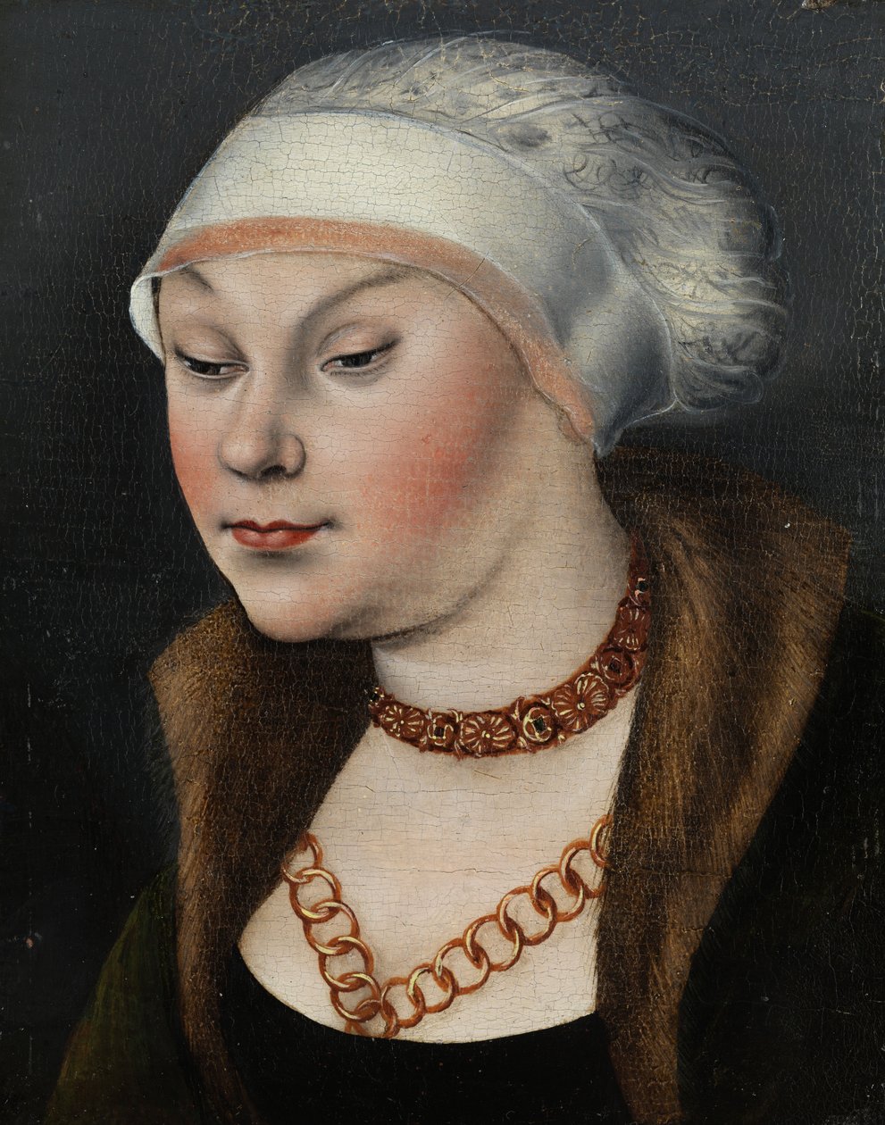 Německy: Kopf einer Dame mit weißer Haube (Omphale) Hlava ženy s bílým kloboukem od workshop of Lucas Cranach the Elder