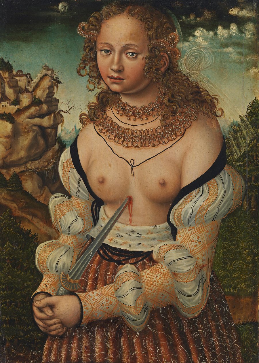 Německy: Selbstmord der Lucretia Sebevražda Lucretie od workshop of Lucas Cranach the Elder
