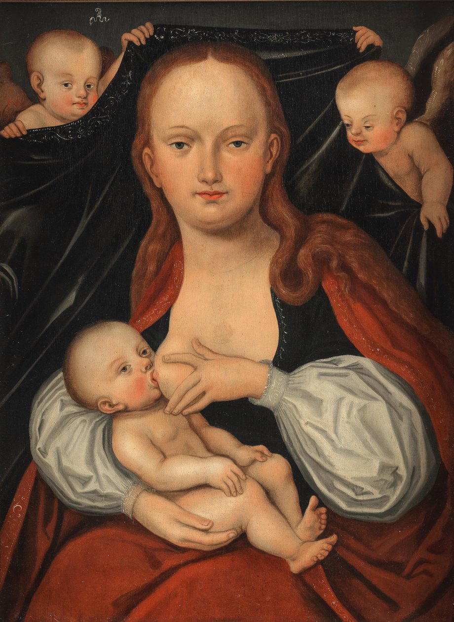Madona s dítětem před oponou drženou dvěma anděly od workshop of Lucas Cranach the Elder
