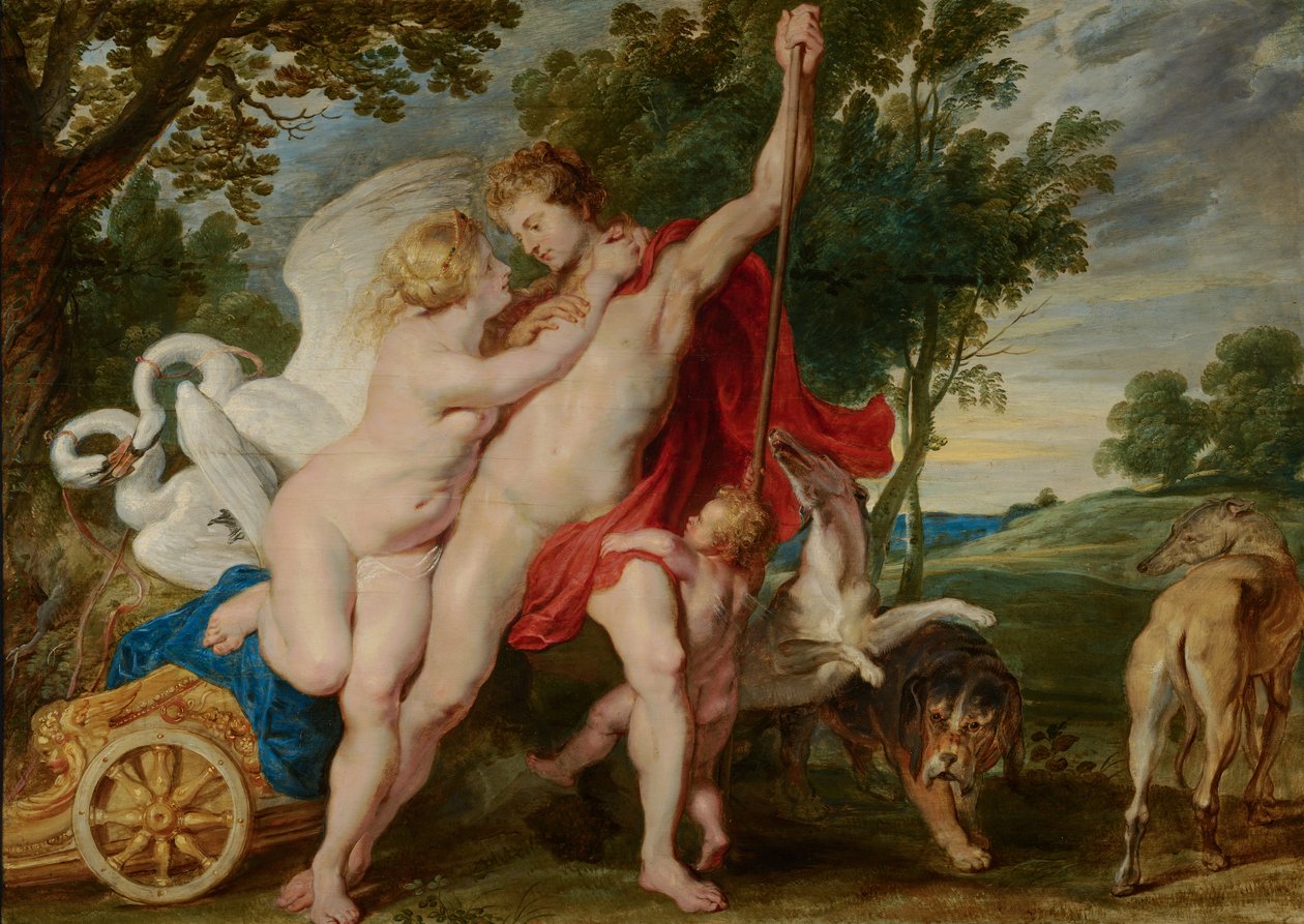 Venuše se snaží zadržet Adonise před odjezdem na lov od Workshop of Peter Paul Rubens