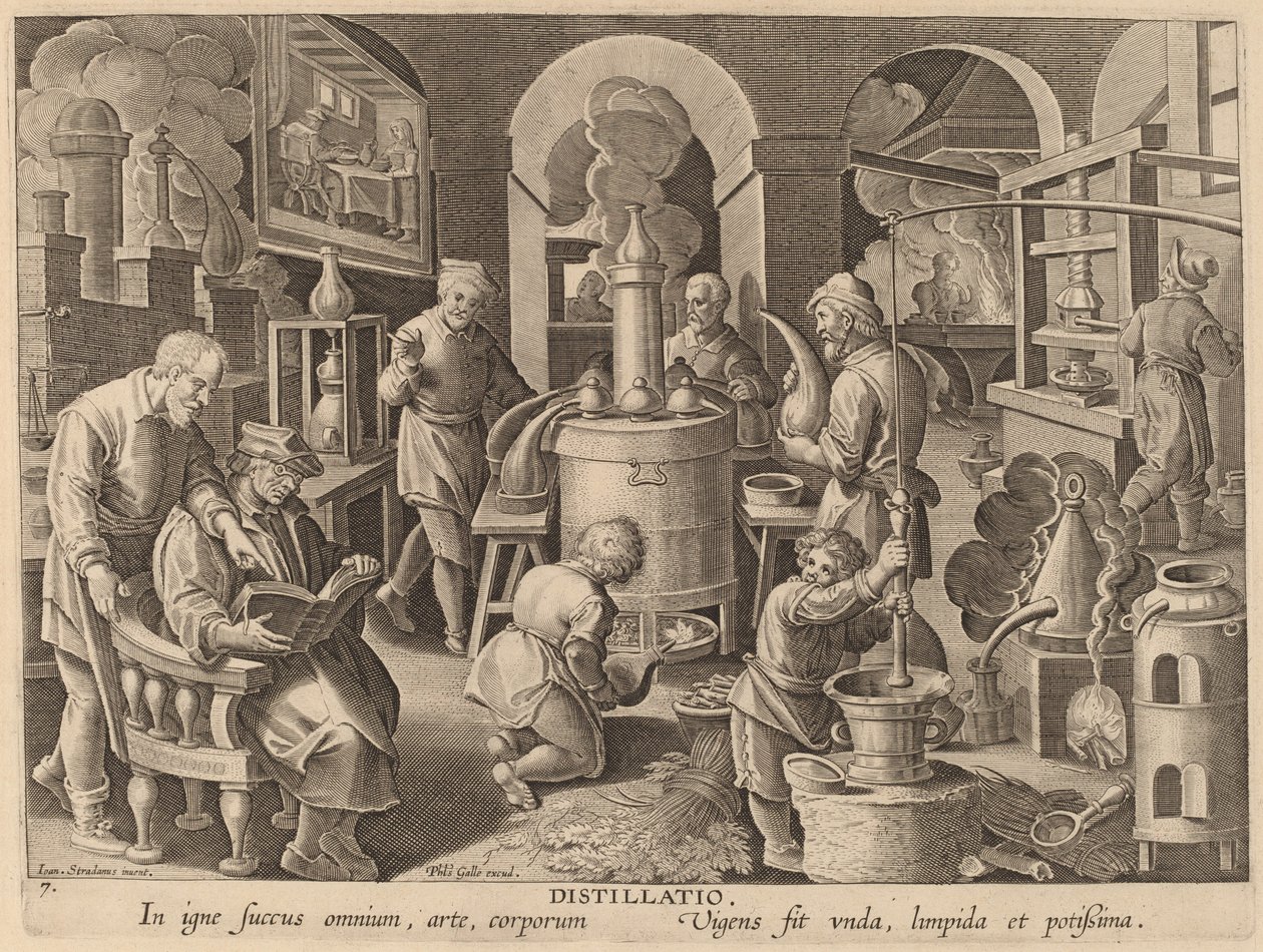 Destilace (destilace) od Workshop of Philip Galle after Jan van der Straet