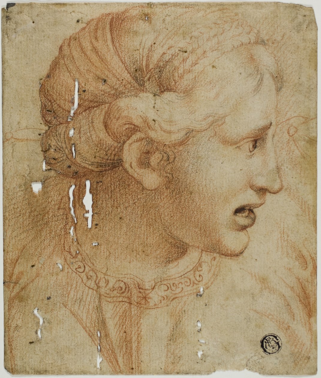 Hlava ženy z profilu, obrácená doprava od Workshop of Raphael