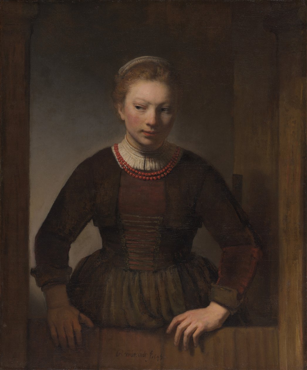 Mladá žena u otevřených polodveří od Workshop of Rembrandt van Rijn