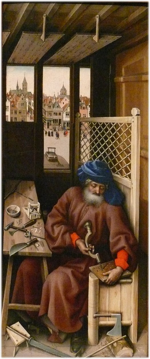 Zvěstování Alternativní název(y):   Název titulu: Mérodský oltářní obraz
pravý panel: Svatý Josef jako tesař od Workshop of Robert Campin