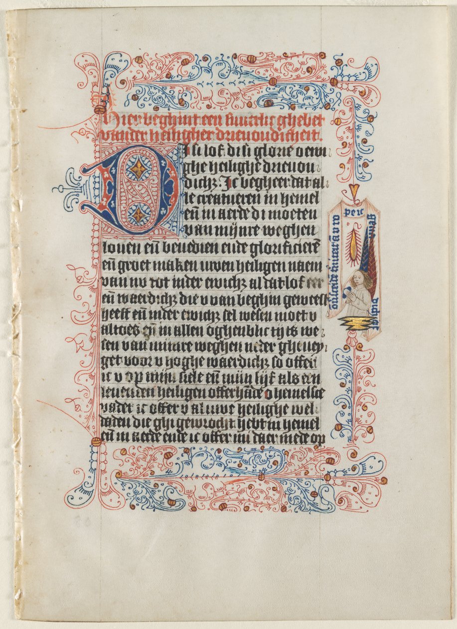 List vyříznutý z knihy hodin: Anděl s banderole uvnitř vzkvétající hranice..., c. 1475. od Workshop of the Convent of St.