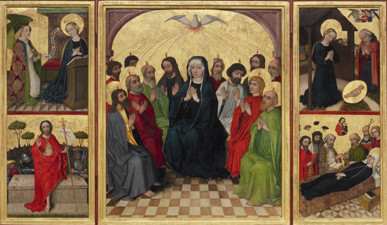 Retable of the Holy Spirit open. Letnice, zvěstování, narození, vzkříšení Krista a smrt Panny, c. 1448 od Workshop of the Wolfgang Retable