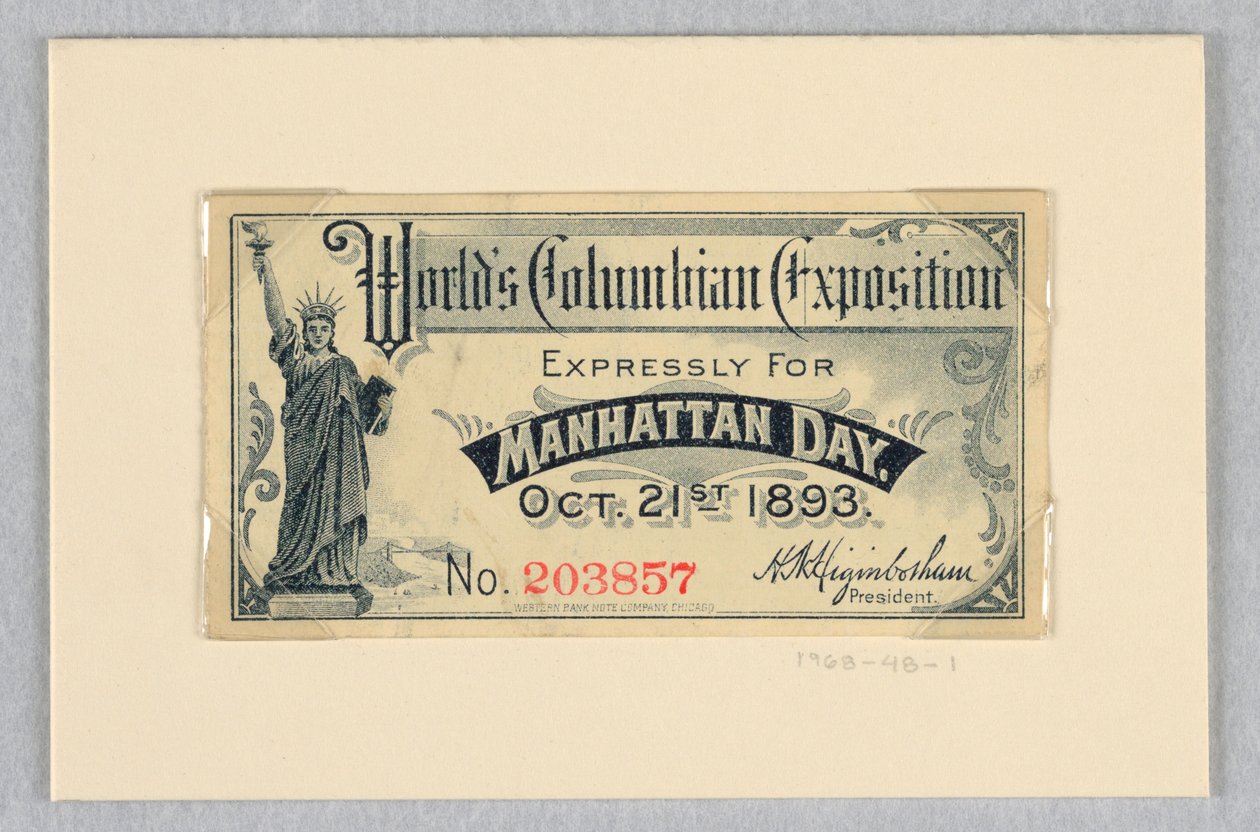 Vstupenka na světovou kolumbijskou výstavu, výslovně na Manhattan Day, 21. října 1893 od World