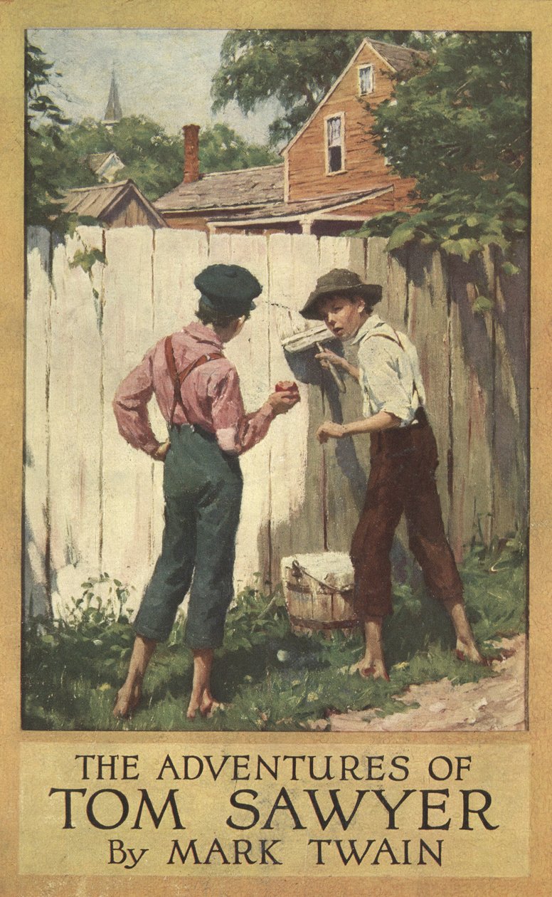 Dust Jacket for The Adventures of Tom Sawyer od Marka Twaina (1835 - 1910), hospoda. 1910 (barevné lito) od Worth Brehm
