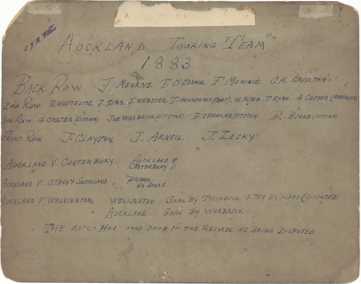 Auckland Touring Team, 1883 (želatinový stříbrný potisk) od Wrigglesworth and Binns