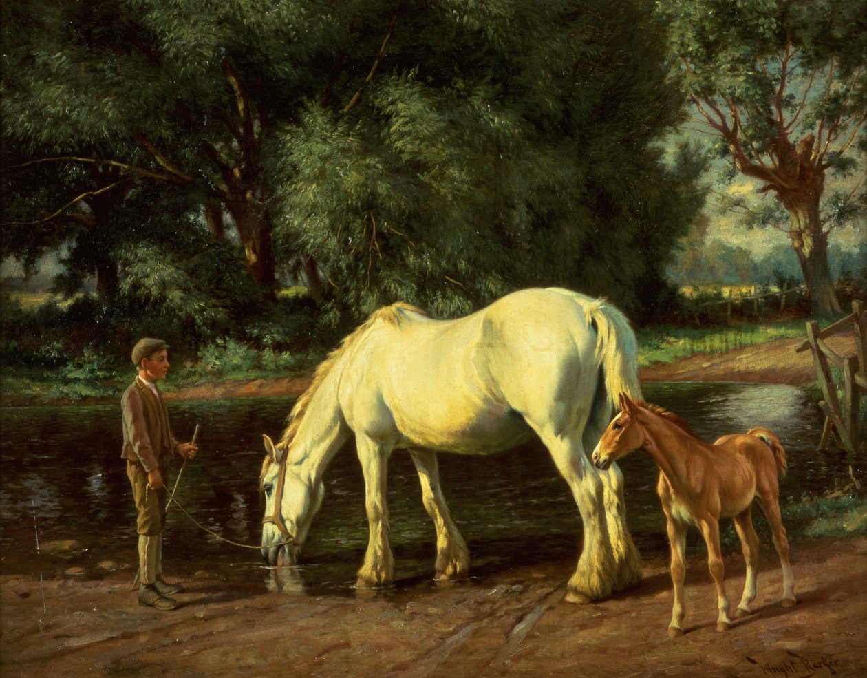 Klisna s hříbětem u brodu (olej na plátně) od Wright Barker