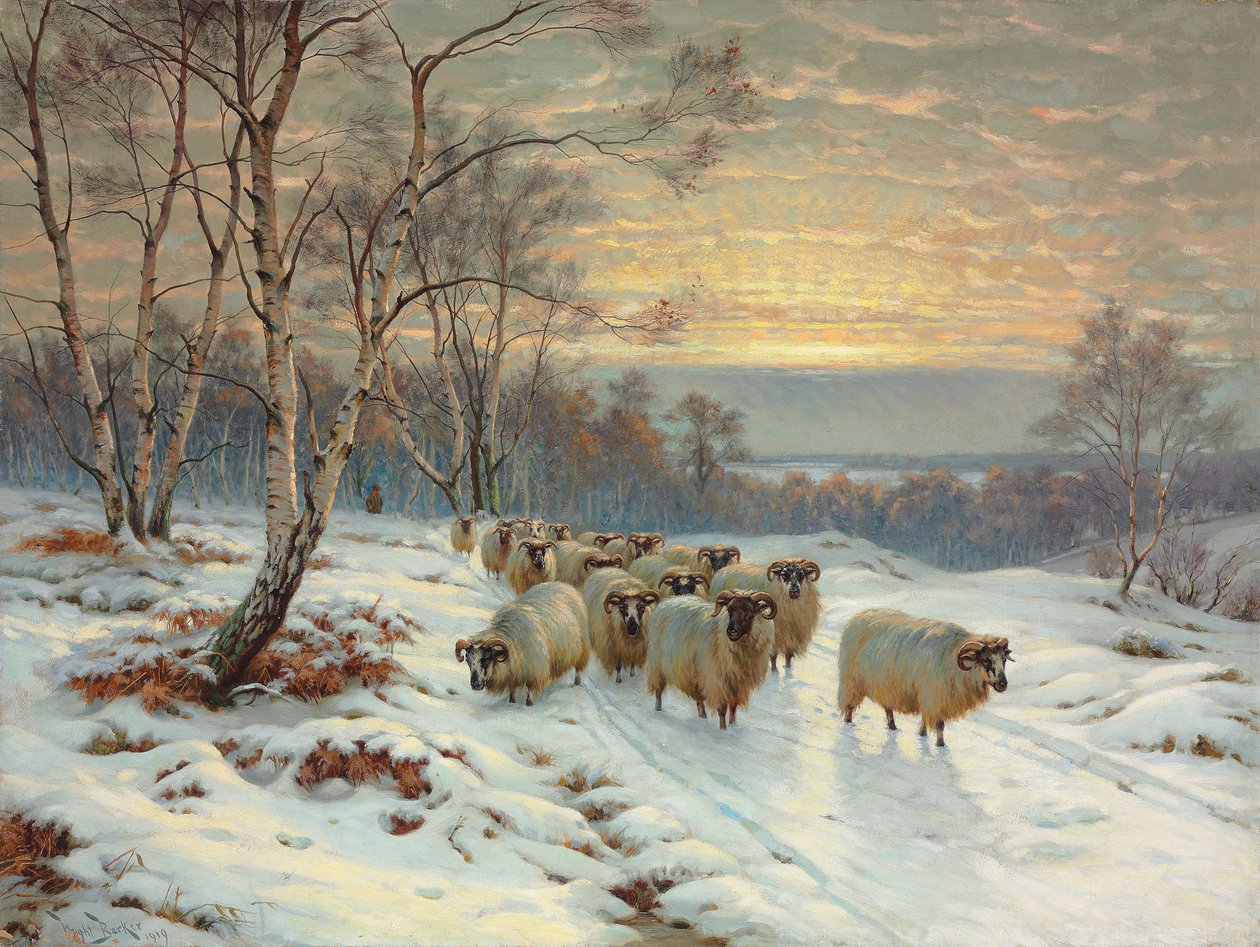 Pastýř se svým stádem v zimní krajině od Wright Barker