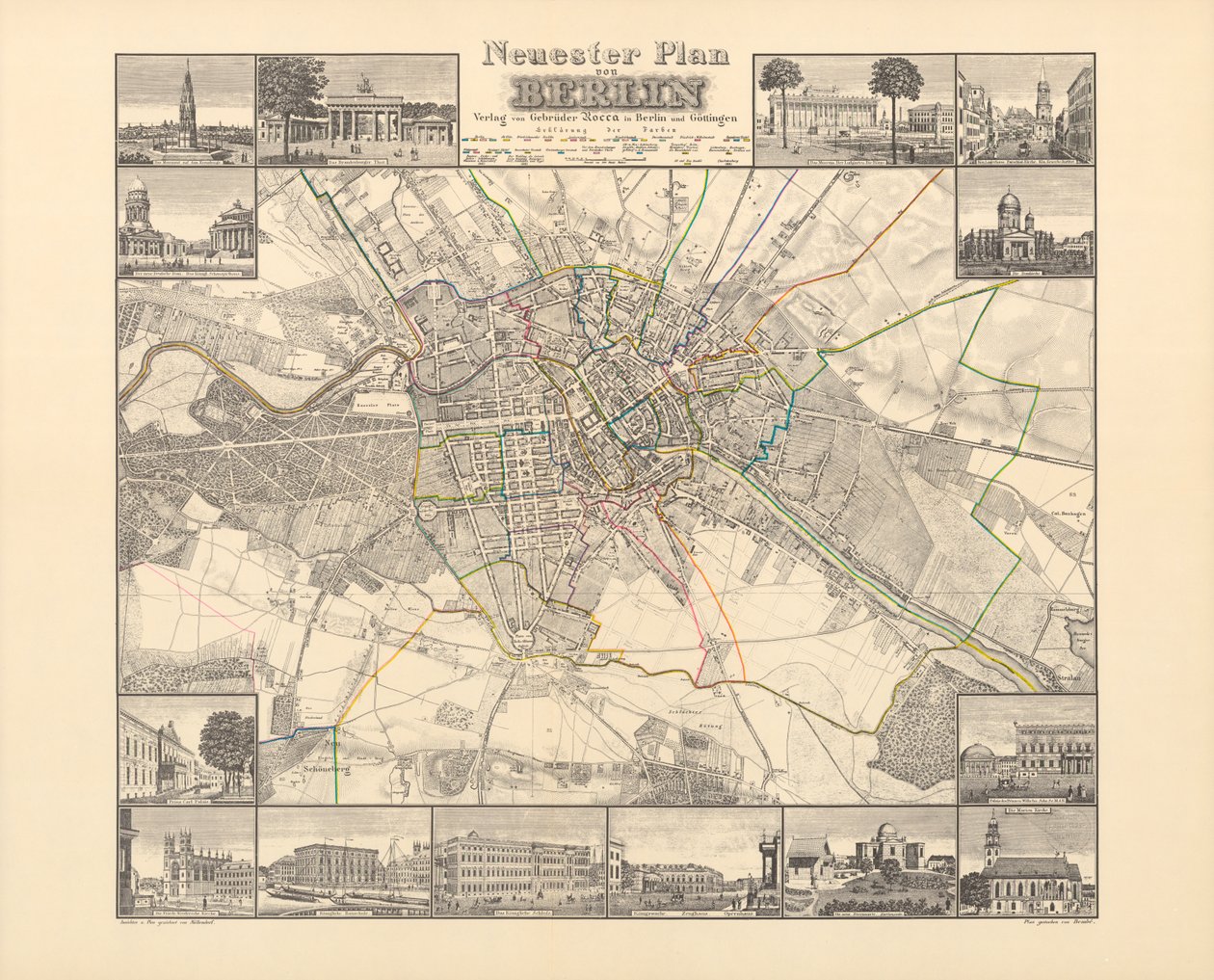 Historická mapa Berlína, vydaná Verlag von Gebrueder Rocca, Berlín 1838 od W.v. Moellendorf