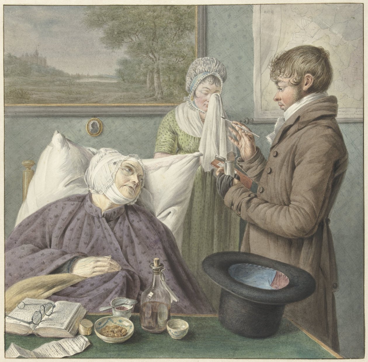Lékař navštíví nemocnou starou ženu v posteli od Wybrand Hendriks (attributed to)