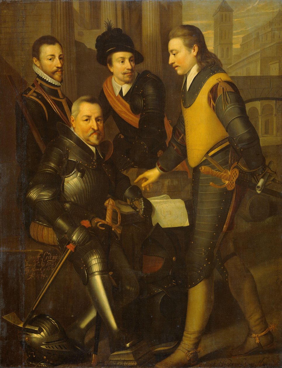 Skupinový portrét čtyř bratří Viléma I., prince Oranžského: Jana (1535-1606), Hendrika (1550-74), Adolfa (1540-68) a Lodewijka (1538-74), hrabat z Nassau od Wybrand de Geest (I) (workshop of)
