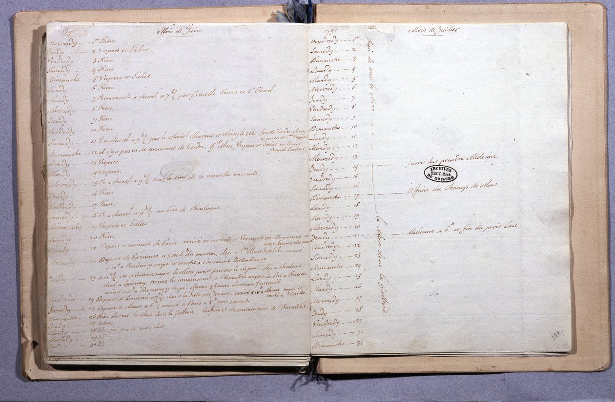 Věstník Ludvíka XVI. Měsíc červen a červenec 1791. Zápisník 17X21 cm. Národní archiv. Paříž od XVI Louis