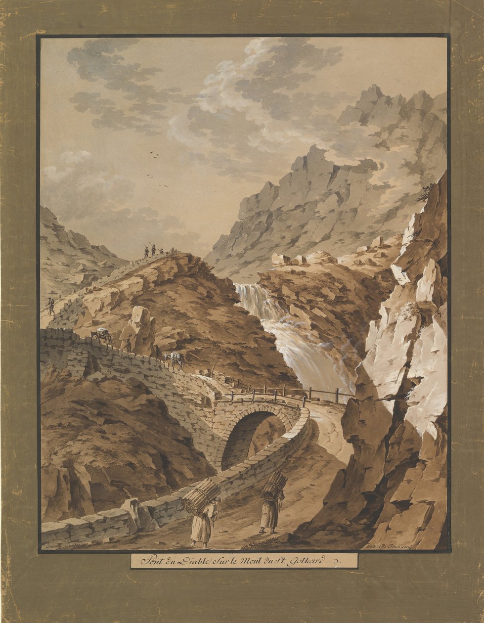 Ďáblův most směrem k hoře Gothard ve Švýcarsku, 1785-1824. od Xaver Triner