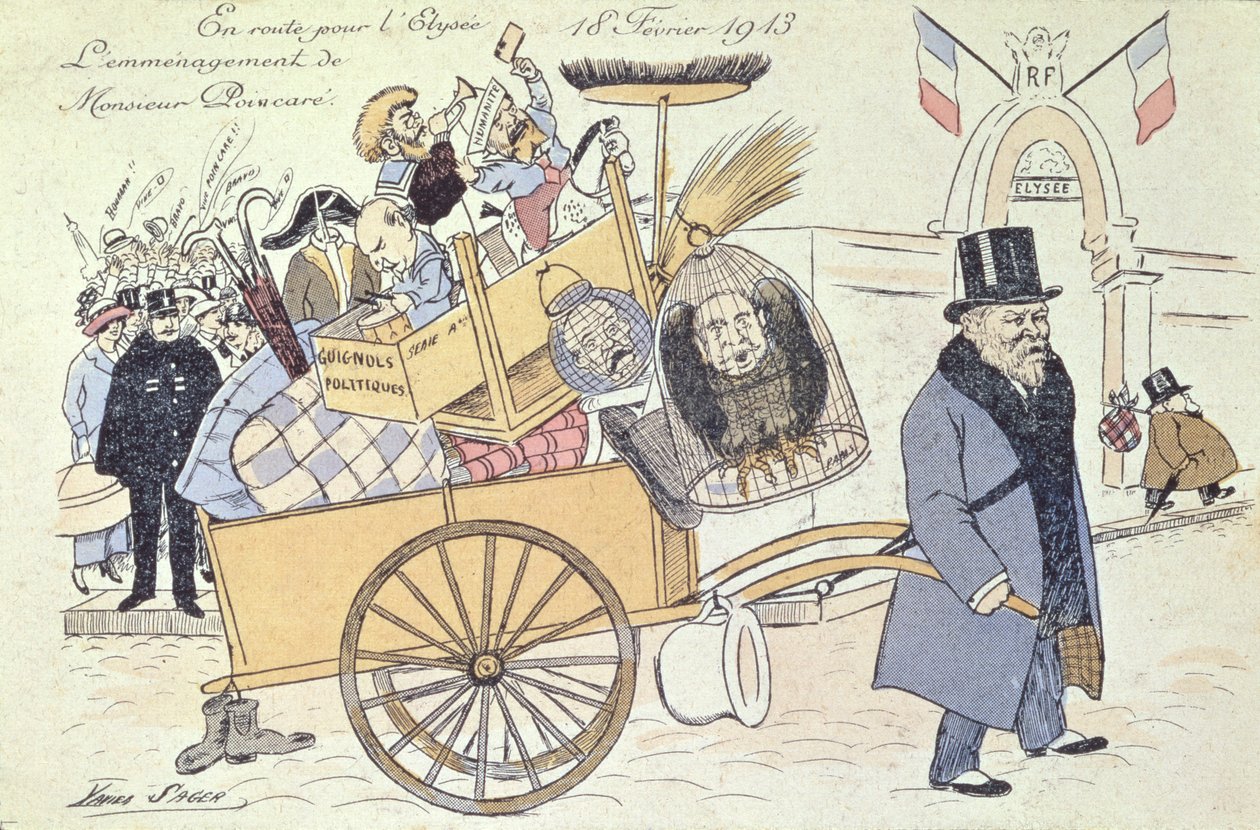 Karikatura Raymonda Poincare (1860-1934) se stěhuje do Elysejského paláce, únor 1913 od Xavier Sager