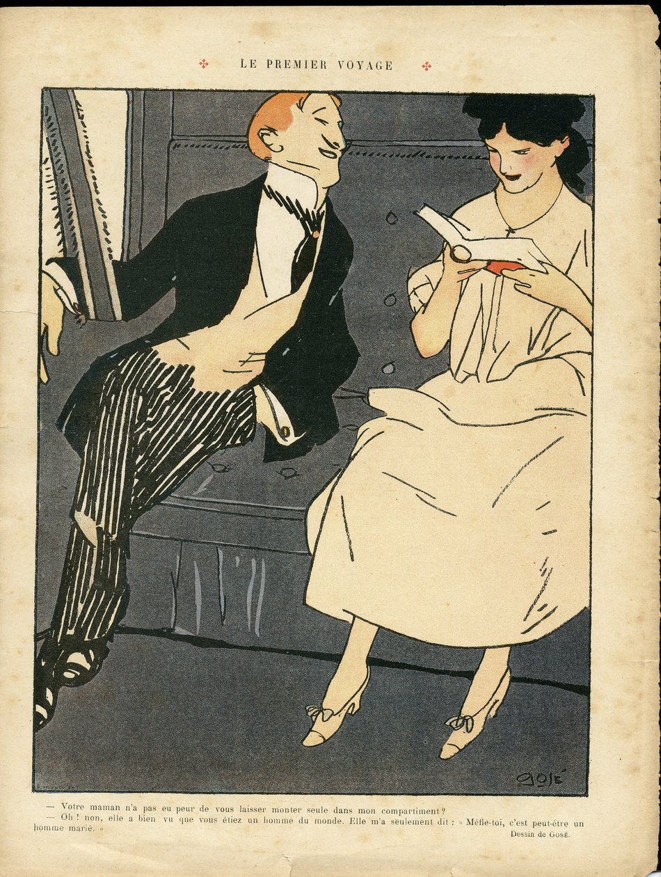 Ilustrace Xaviera Gose (1876-1915) v Le Lire, 27/08/10 – První cesta – železniční vlak, pánská móda, cizoložství od Xavier Gose