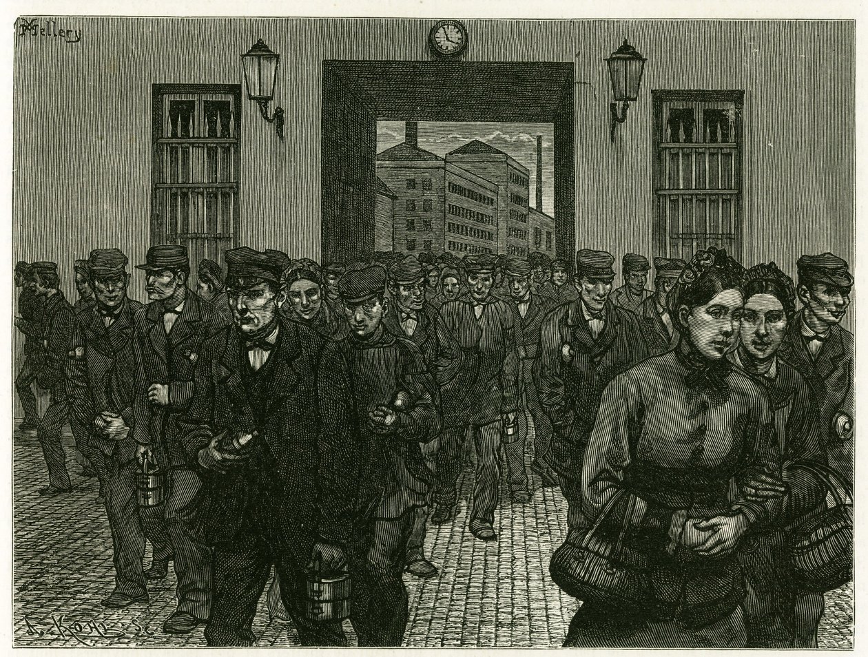 Výjezd z továrny v Gentu. Rytina od X. Melleryho, podle přírody, k ilustraci příběhu „Belgie“, v roce 1888, Camille Lemonnier (1844-1913), umělecká kritička a spisovatelka. Publikováno v Tour du monde, 2. semestr 1883, editoval Edouard Charton (1807-1890) od Xavier Mellery