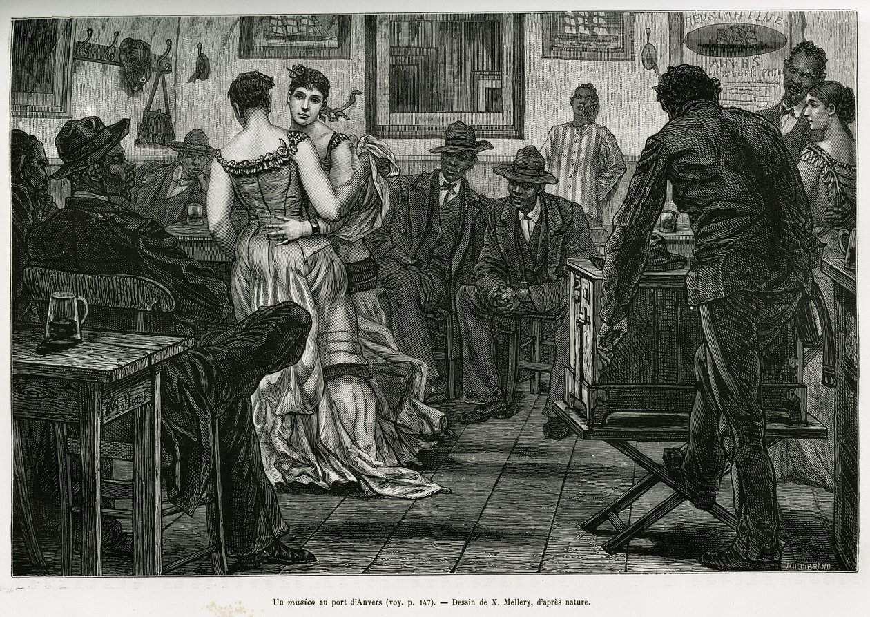 Musico v antverpském přístavu, kde mohou námořníci pít a tančit za zvuku pichlavých varhan. Rytina od X.Melleryho pro ilustraci příběhu Belgie od Camille Lemonnier, publikovaná v Tour du monde, editoval Edouard Charton (1807-1890) od Xavier Mellery