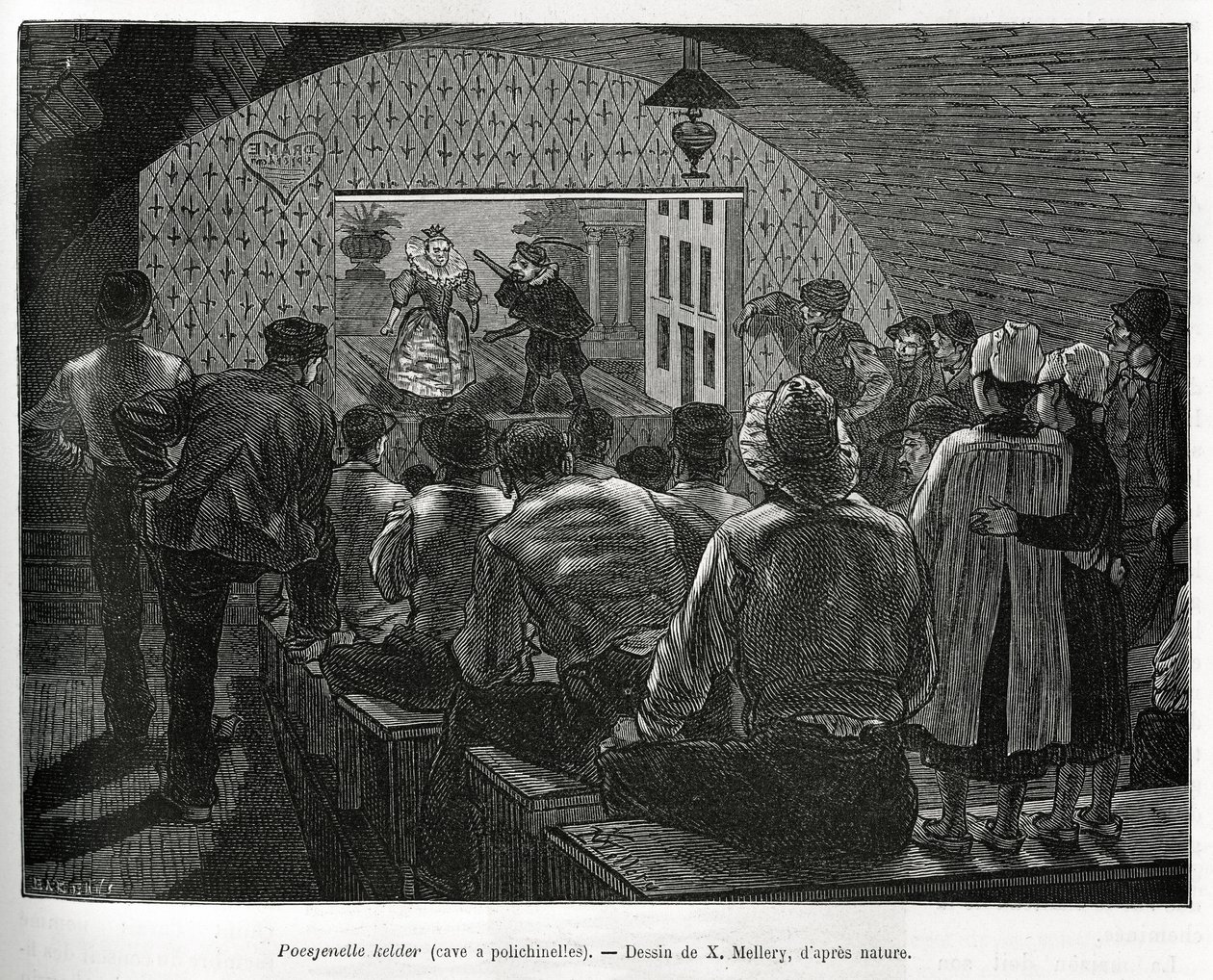 Sklep a Polichinelles, sklep určený pro loutková představení. Rytina od X.Melleryho pro ilustraci příběhu Belgie od Camille Lemonnier, publikovaná v Tour du monde, editoval Edouard Charton (1807-1890) od Xavier Mellery