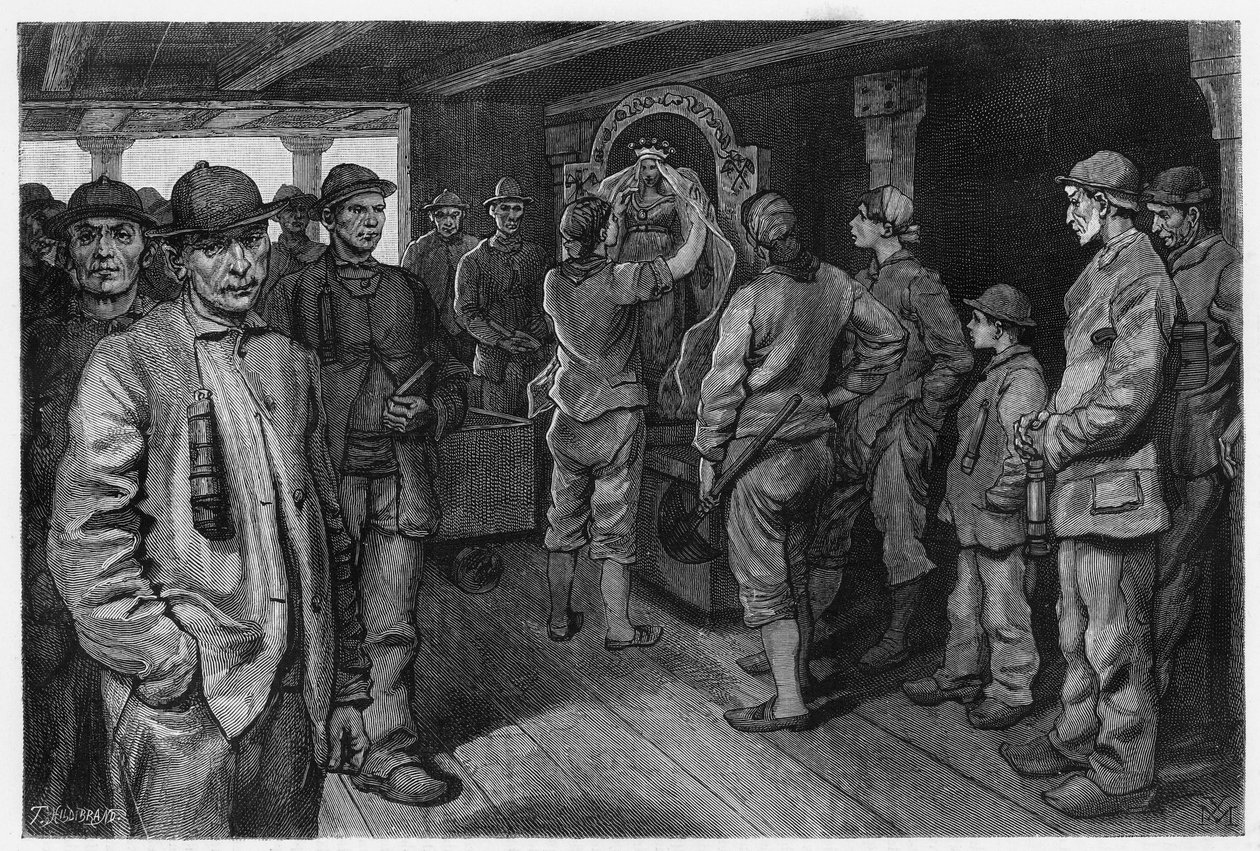 Charbonniere zobrazující sochu svaté Barbe, patronky horníků a hasičů, na výročním veletrhu na její počest. Rytina od X.Melleryho, pro ilustraci příběhu „“Belgie“, od Camille Lemonnier (1844-1913), belgická spisovatelka. Publikováno v Le Tour od Xavier Mellery