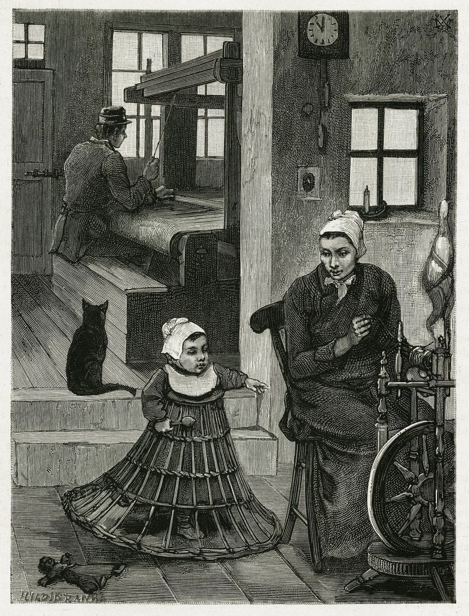 Interiér obydlí a tkalcovské dílny s tkalcem a kolem a také s dítětem v proutěné sukni, která mu pomáhá dělat první krůčky. Rytina od X.Melleryho, pro ilustraci příběhu „“ La Belgique“, od Camille Lemonnier (1844-19 od Xavier Mellery