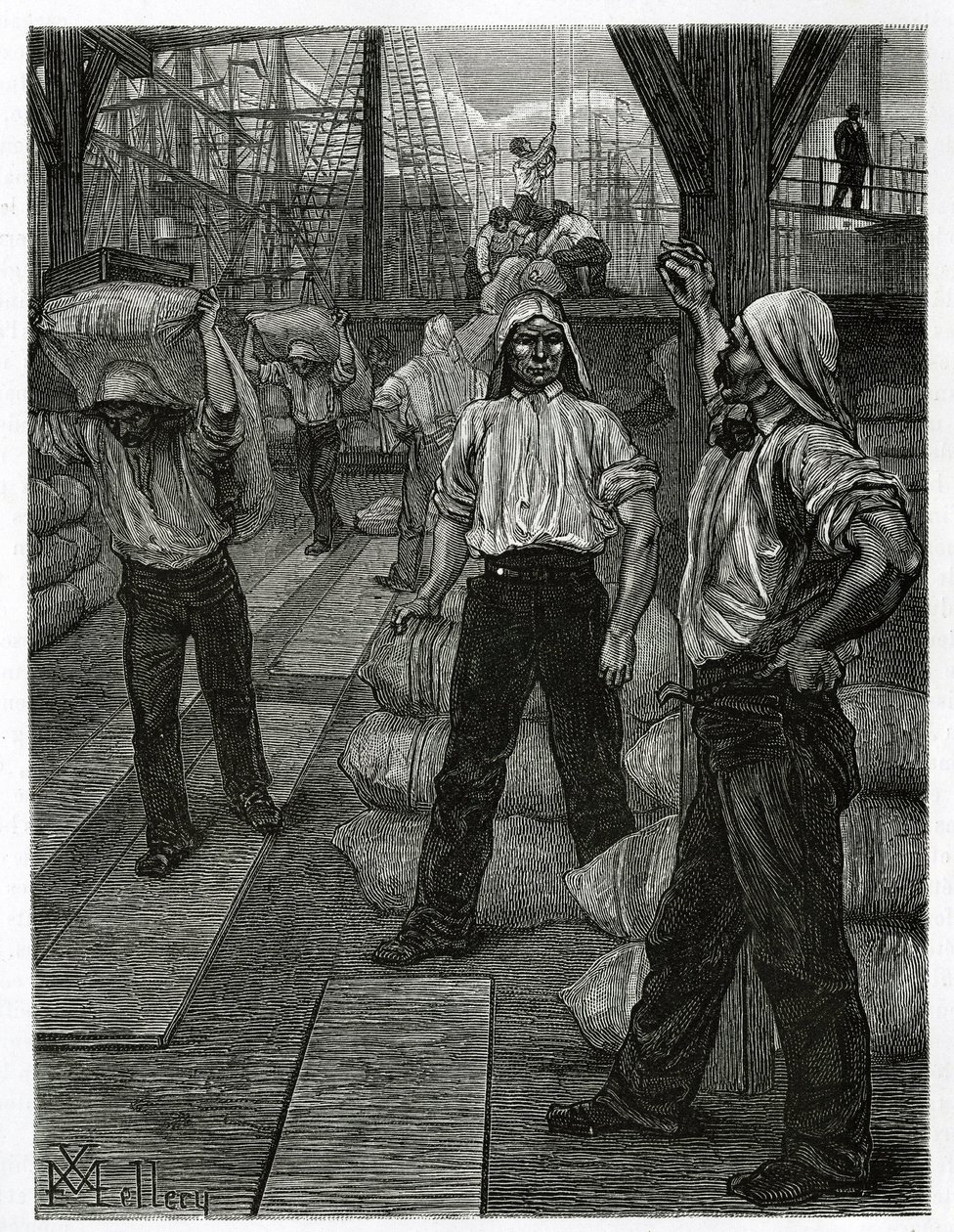 Vykládka lodi, dokaři s hlavami pokrytými asfaltovou čepicí, hromadí zboží v docích antverpského přístavu. Rytina od X.Melleryho, pro ilustraci příběhu Belgie, od Camille Lemonnier, publikováno v Tour du monde, upraveno od Xavier Mellery