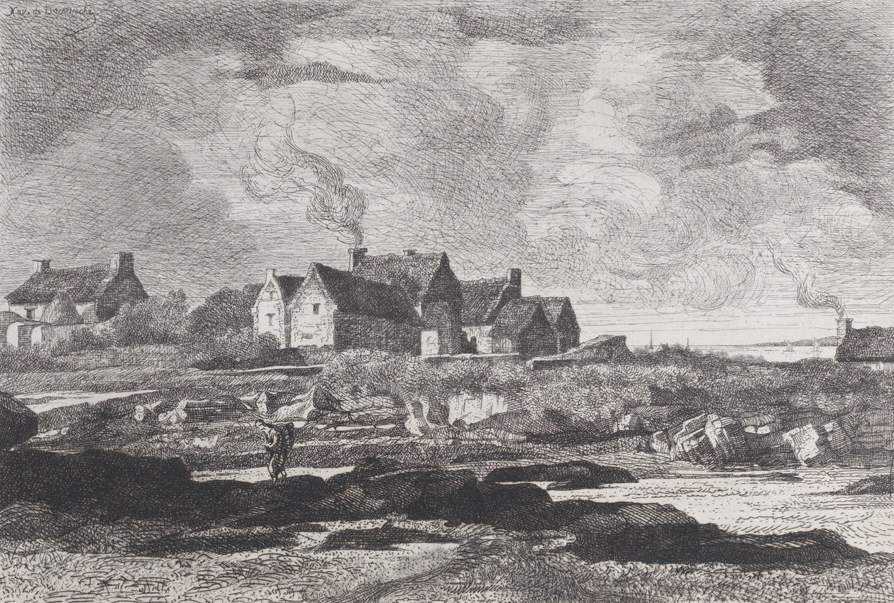 Venkovská krajina s řekou protékající vpravo a domy v pozadí, 1845-75. od Xavier de Dananche