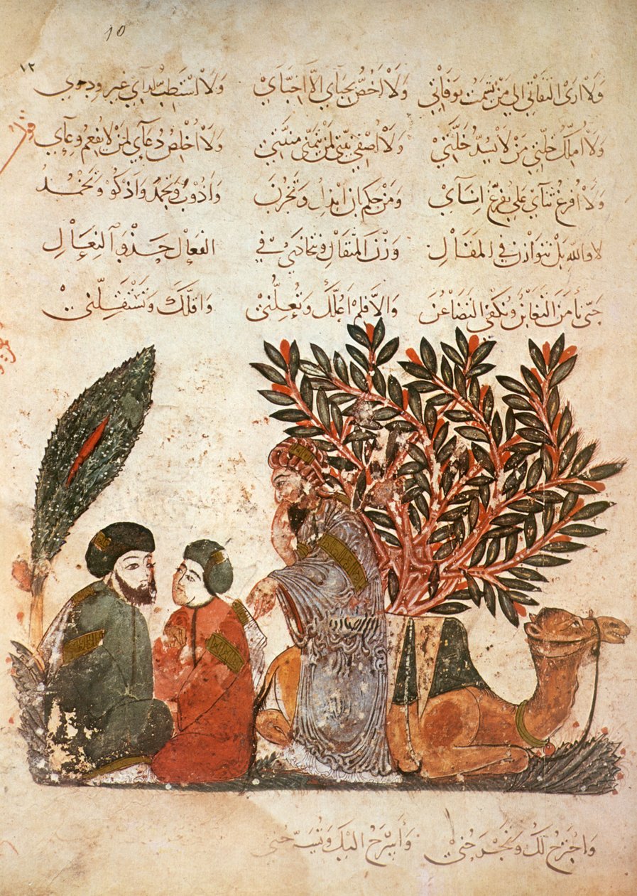 Paní Ar 5847 f.10, Zastavení karavany: Al-Harith (al-Hariri) naslouchající konverzi mezi mužem a jeho synem, z Al Maqamat od Al Hariri, kolem 1240 (kvaš na pergamenu) od Yahya ibn Mahmud Al Wasiti