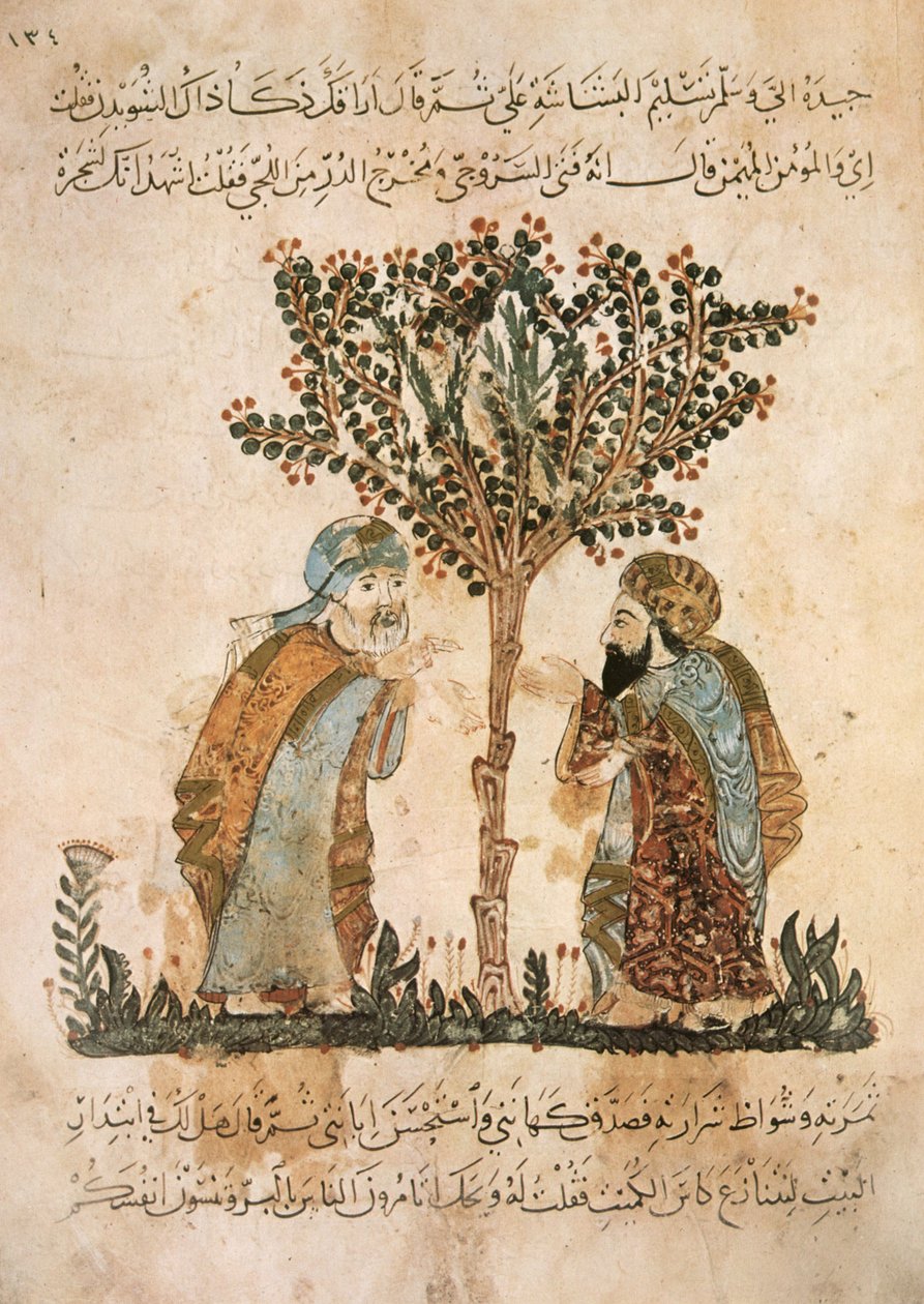 Paní Ar 5847 f.121, Abou Zayd hovořící s Al-Harith, z Al Maqamat od Al Hariri, c.1240 (kvaš na pergamenu) od Yahya ibn Mahmud Al Wasiti