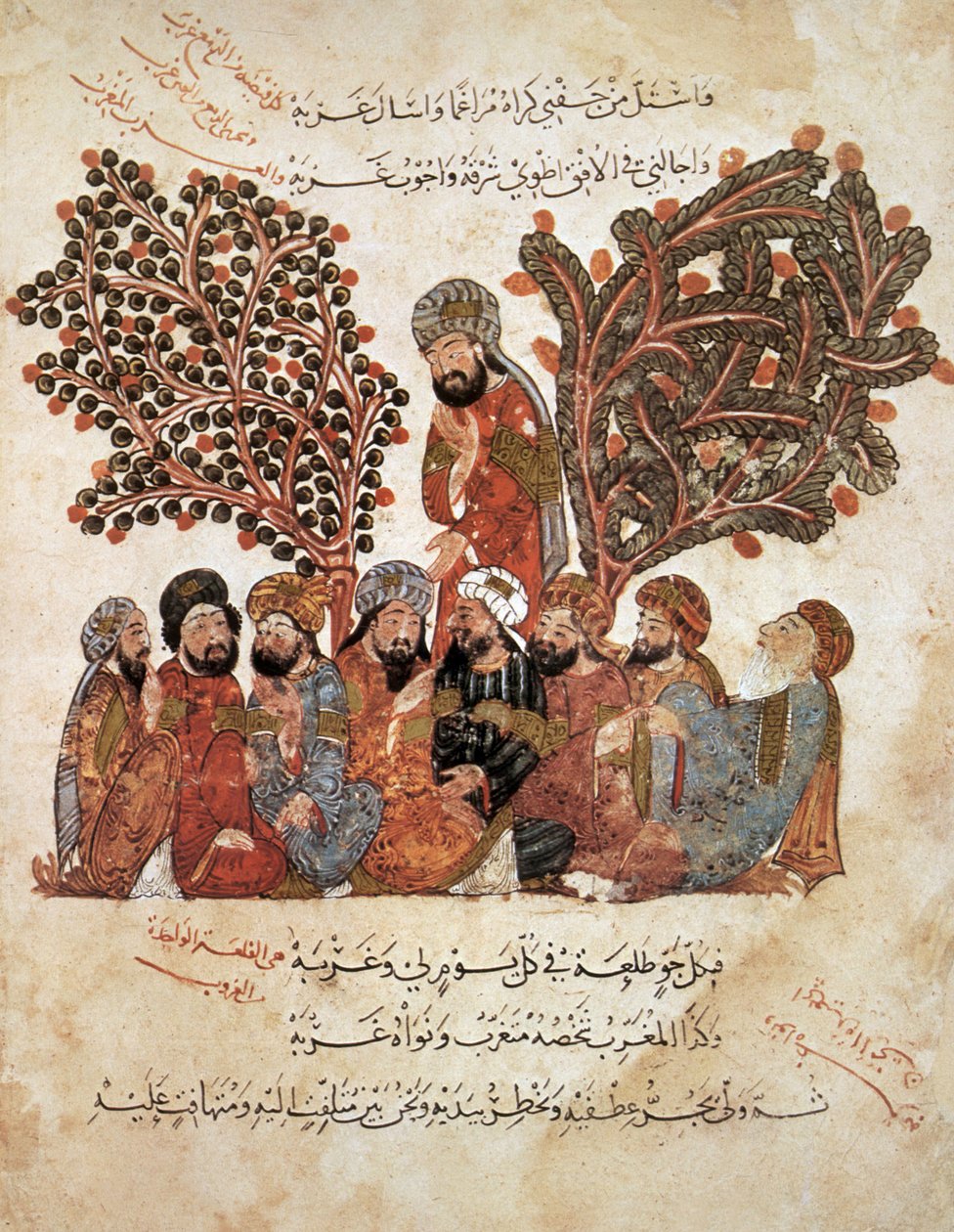 Paní Ar 5847 f.51, Al-Harith se loučí se svými společníky, z Al Maqamat od Al Hariri, kolem 1240 (kvaš na pergamenu) od Yahya ibn Mahmud Al Wasiti