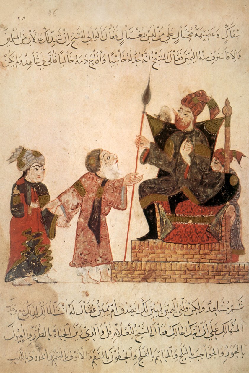 Paní Ar 5847 f.6, Abu Zayd před guvernérem Rabatem, z Al Maqamat od Al Hariri, kolem 1240 (kvaš na pergamenu) od Yahya ibn Mahmud Al Wasiti