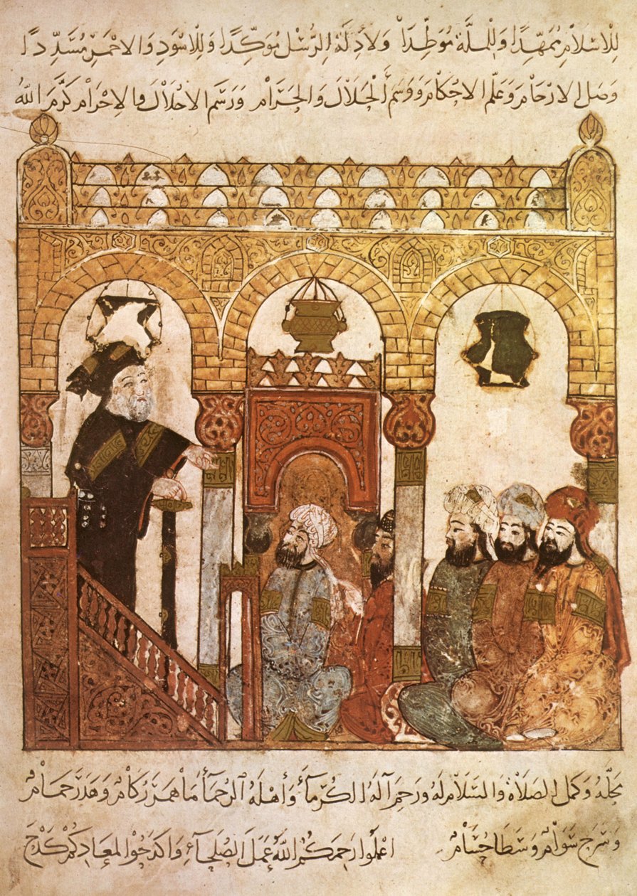 Paní Ar 5847 f.84, Abou Zayd kázání v mešitě v Samarkhand, z Maqamat od Al Hariri, c.1240 (kvaš na pergamenu) od Yahya ibn Mahmud Al Wasiti