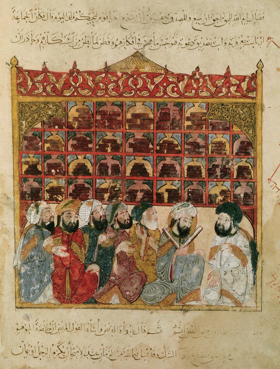 Paní Ar 5847 fol. 5, Abu Zayd v knihovně v Basře, z „The Maqamat“ (Setkání) od Al-Hariri, kolem roku 1240 od Yahya ibn Mahmud Al Wasiti
