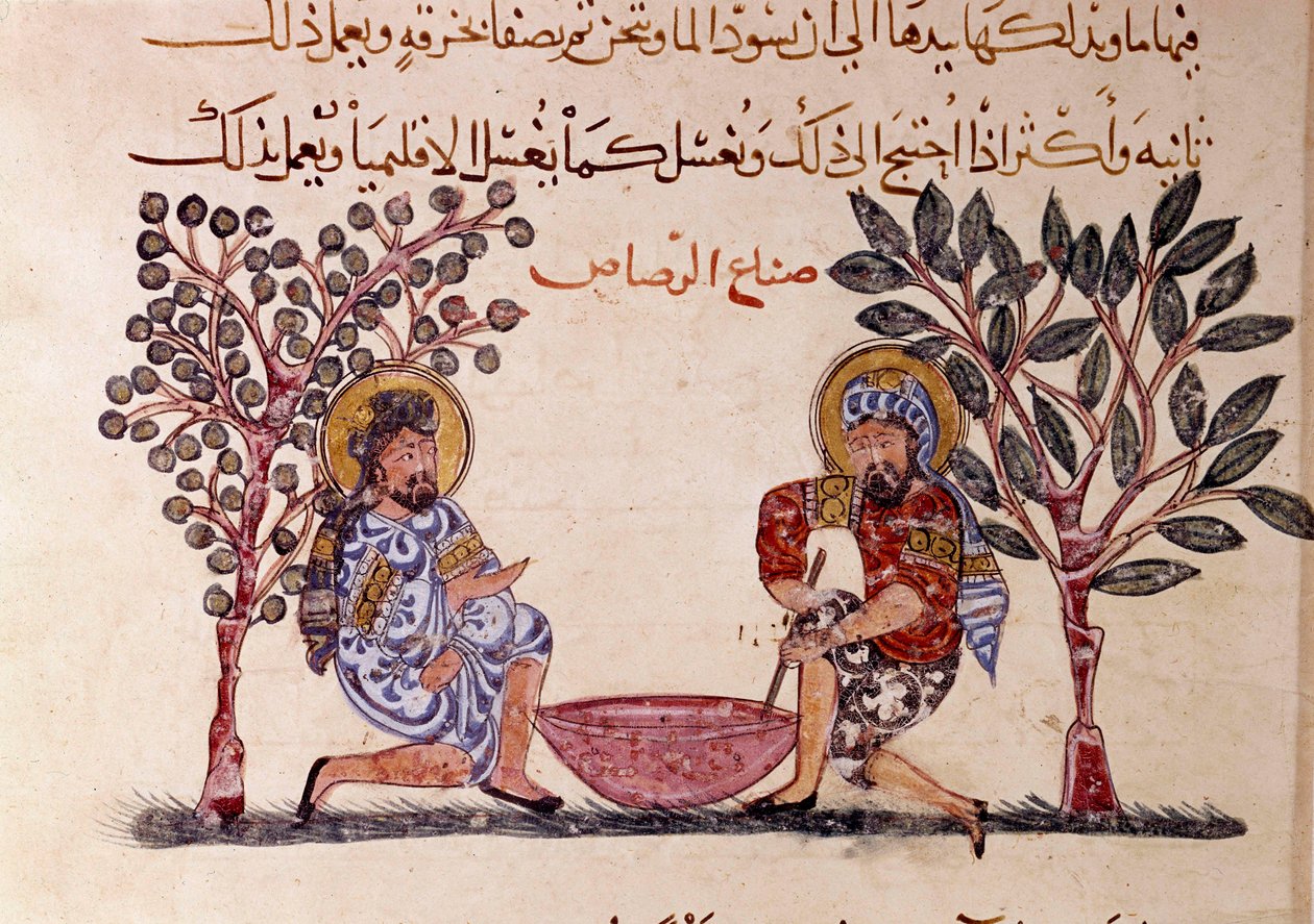 The Making of Lead Page of “” Maqamat”” (Seances), pikareskní báseň z 11. století od arabského básníka Abu Mohammed al-Kasim ibn Ali Hariri (nebo Al-Hariri nebo Al Hariri) (1054-1122) ilustrovaná Al-Wasiti (al-Wasiti) od Yahya ibn Mahmud Al Wasiti