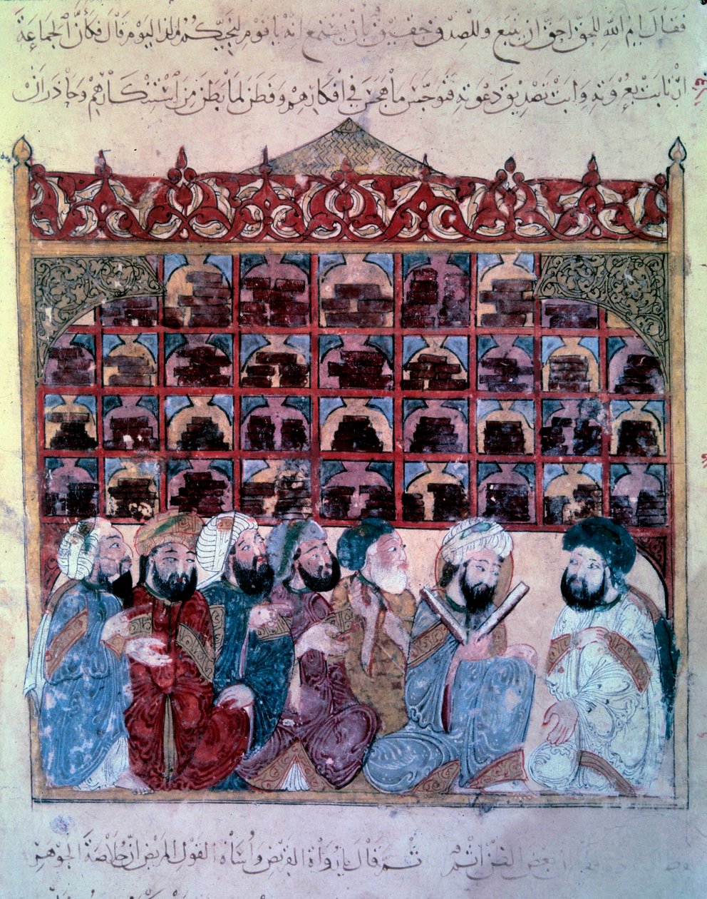 Putující navigátor Abu Zayd (Abu Zayd, Abu Zayd) s projevem v knihovně miniatur Basra z Maqamat (Seance) od Abu Mohammeda al-Kasim ibn Ali Hariri (nebo Al-Hariri nebo Al Hariri) (1054-1122) osvícený od Yahya Mahmud al-Wasiti (al Wasit od Yahya ibn Mahmud Al Wasiti