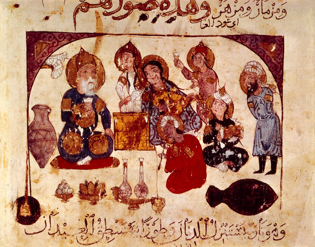 Abou-Zayd v taverně Hanah, miniatura z "Maqamat" (Sayings), ms. 3929, fol. 34v od Yahya ibn Mahmud Al Wasiti