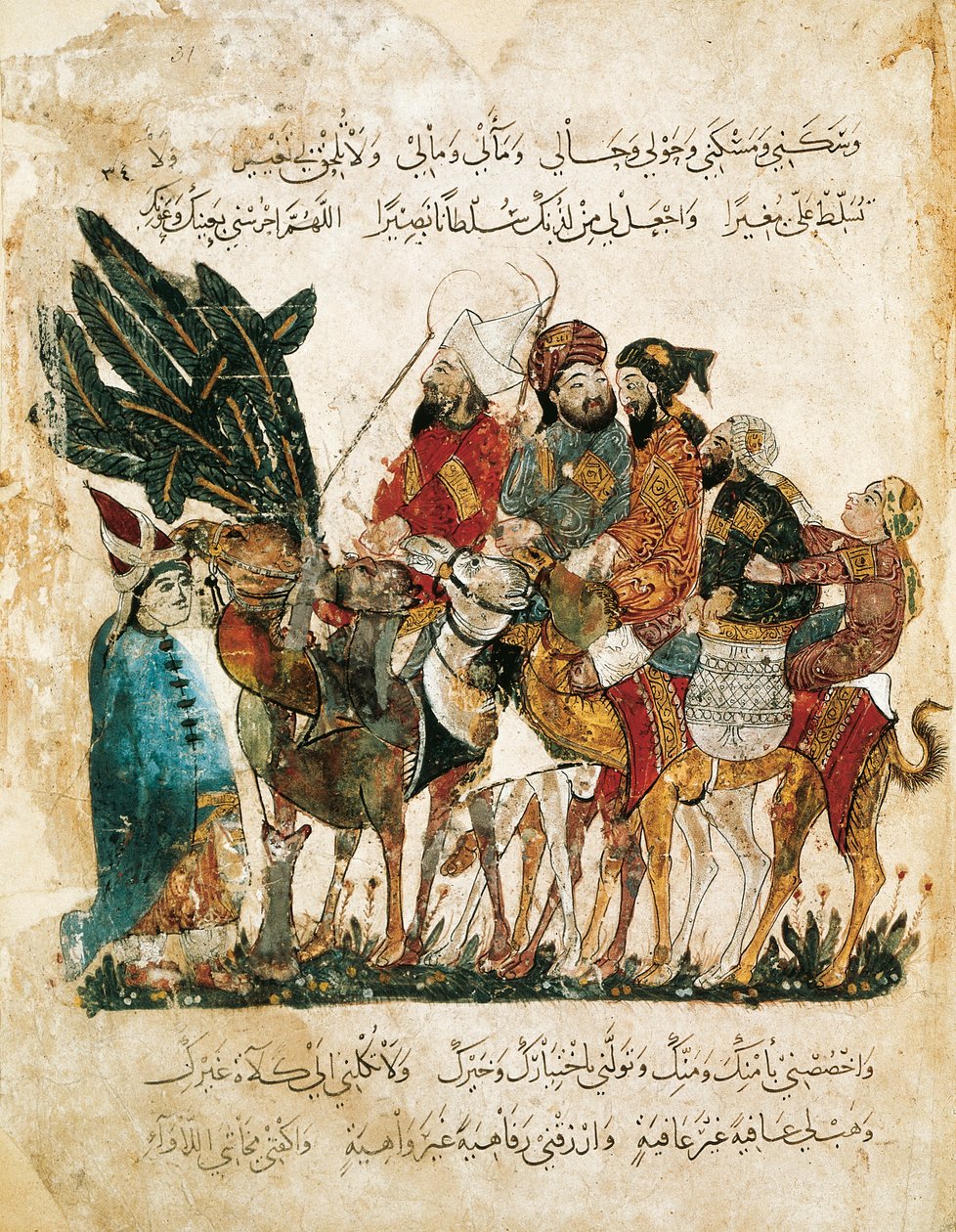 Karavana arabských obchodníků, miniatura z Maqamat (The Meetings) od Al-Haririho, kolem roku 1240 (kvaš na pergamenu) od Yahya ibn Mahmud Al Wasiti
