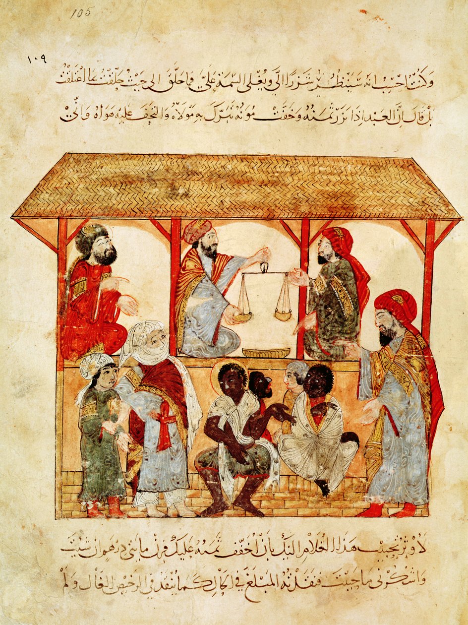 Paní Ar 5847 f.105, Trh s otroky, z "Al Maqamat" od Yahya ibn Mahmud Al Wasiti