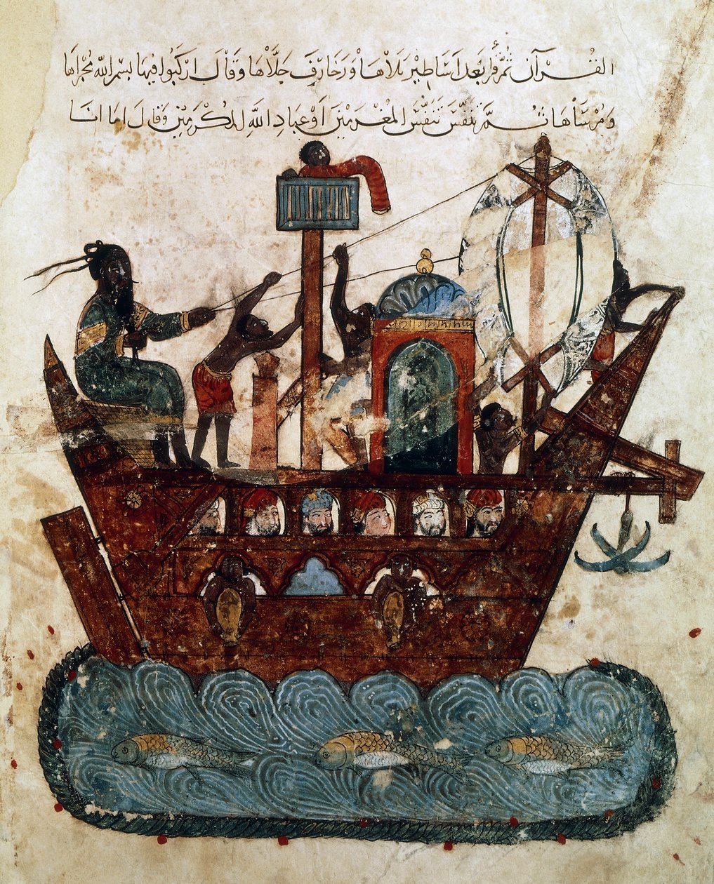 Paní Ar 5847 f.119v, Abu Zayd a Al-Harith plující z Basry do Ománu, miniatura z Maqamat of al-Hariri (Setkání), kolem 1240 (kvaš na papíře) od Yahya ibn Mahmud Al Wasiti