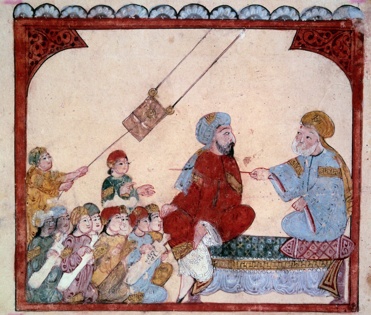 The Wandering Navigator Abu-Zayd (Abu Zayd, Abu Zayd) Miniaturní učitel z “”Maqamat”” (Seance) od Abu Mohammeda al-Kasim ibn Ali Hariri (nebo Al-Hariri nebo Al Hariri) (1054-1122). Yahya Mahmud al-Wasiti (al-Wasiti) v roce 1237, Paříž, Paříž, b od Yahya ibn Mahmud Al Wasiti