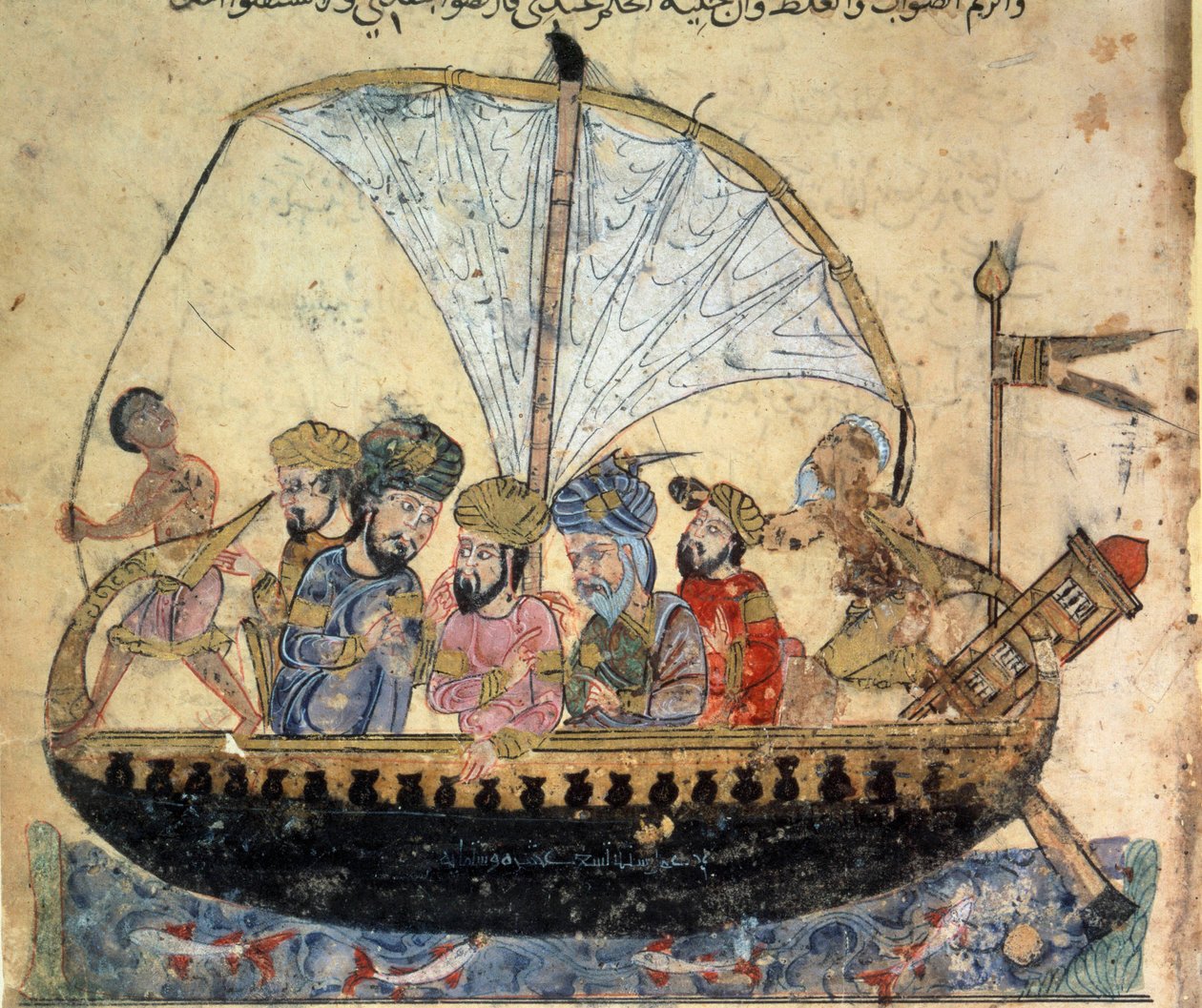 buržoazní al-Harith (Al Harith), syn Hammama, a potulný mořeplavec Abu-Zayd (Abu Zayd) na lodi plující po Miniaturě Eufratu z „Maqamat“ (Seances) Abu Mohammed al-Kasim ibn Ali Hariri (nebo Al-Hariri nebo Al Hariri) (1054-1122) od od Yahya ibn Mahmud Al Wasiti