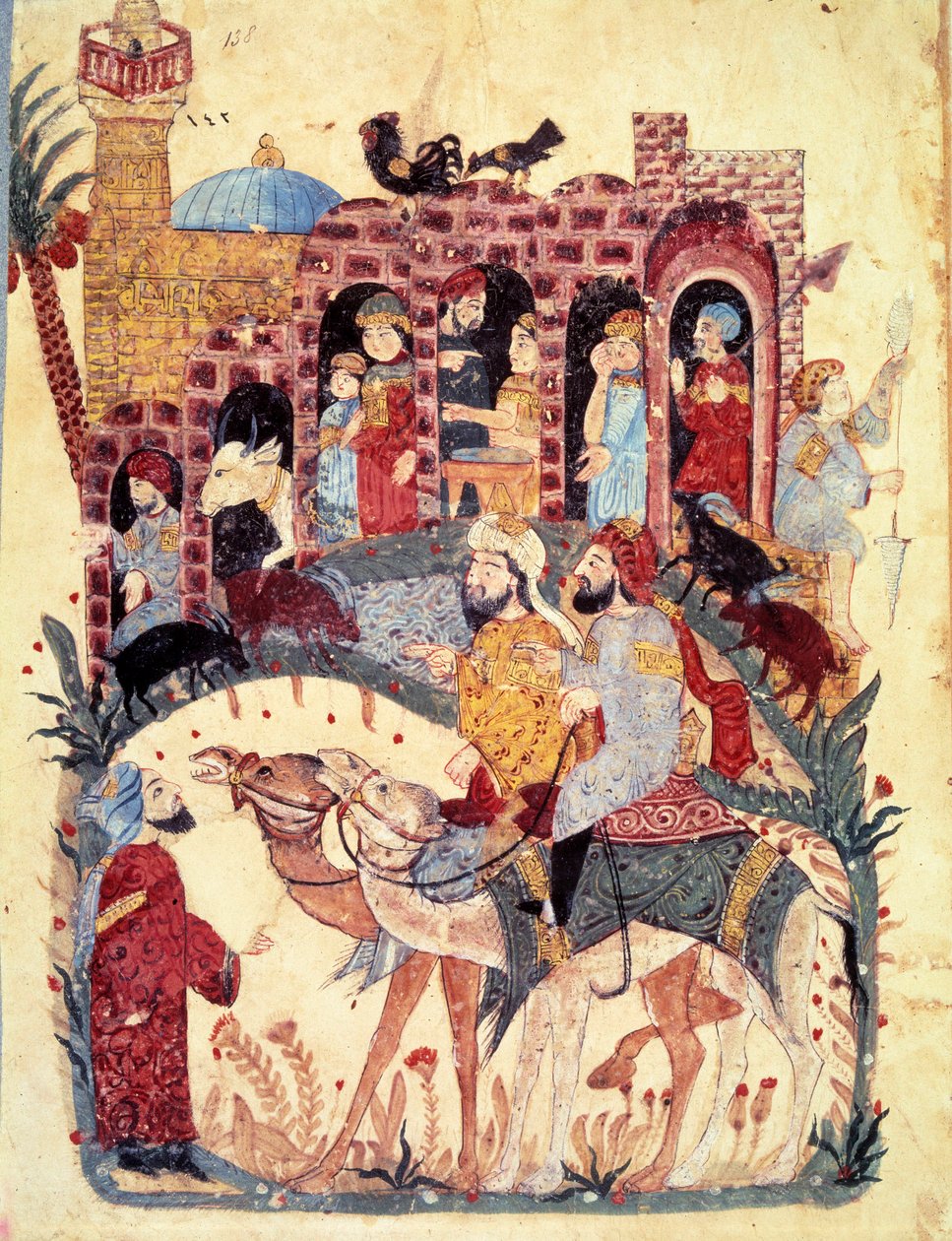 buržoazní al-Harith (Al Harith), syn Hammama, a potulný mořeplavec Abu-Zayd (Abu Zayd, Abu Zayd) přijíždějí do města, mešity a minaretu, obchodní činnosti, bazary a práce žen jsou popsány Miniatura z „Maqamatu“ (Seance) od Yahya ibn Mahmud Al Wasiti