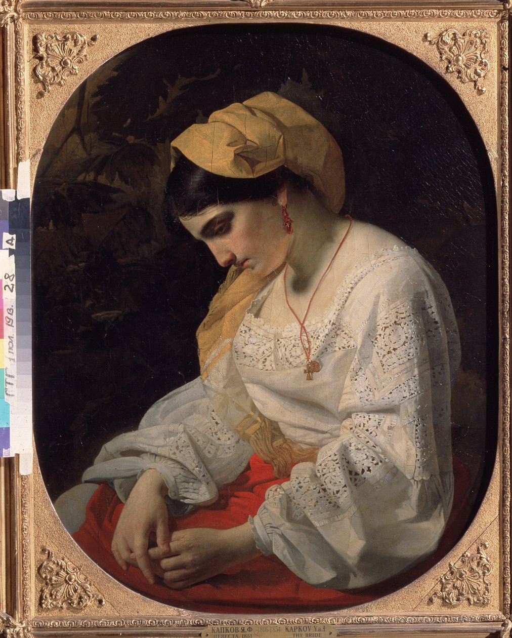 Mladá nevěsta (A Bride). Profilový portrét smutné mladé ženy s rezignovaným výrazem. Obraz Jakova Fjodoroviče Kapkova (1816-1854), olej na plátně od Yakov Fyodorovich Kapkov