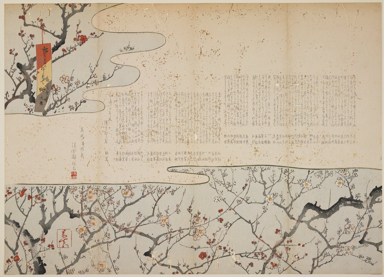 Kvetoucí švestka, leden 1861 (barevný dřevořez se zlatem) od Yamagata Soshin