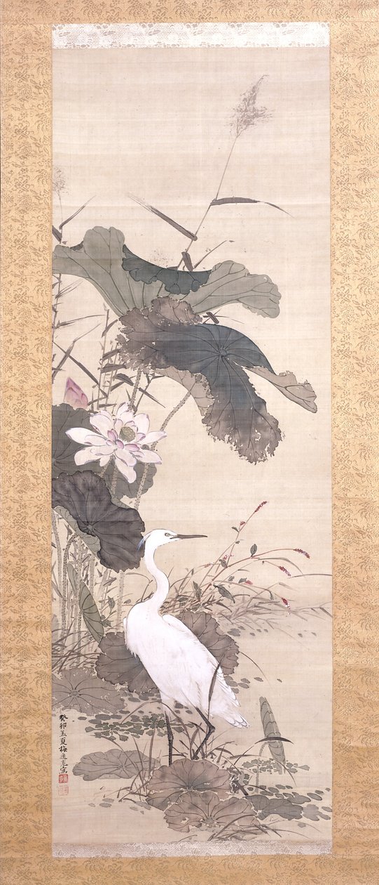 Lotus And Snowy Heron (inkoust, barva, hedvábí) od Yamamoto Baiitsu