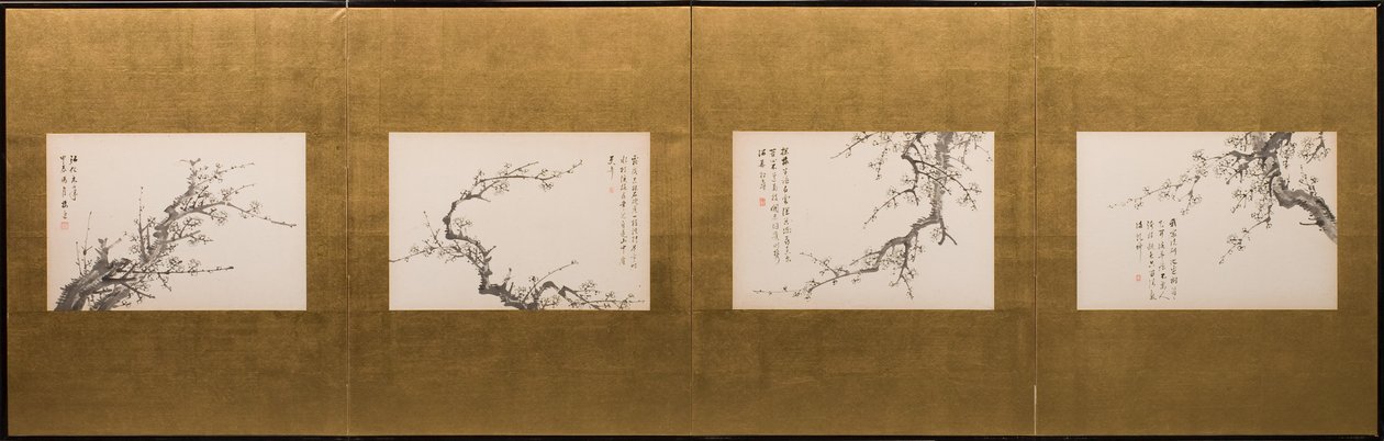Prunus Blossoms, skládací plátno, období Edo 1844 (tuš na papíře) (viz také 752778-82) od Yamamoto Baiitsu
