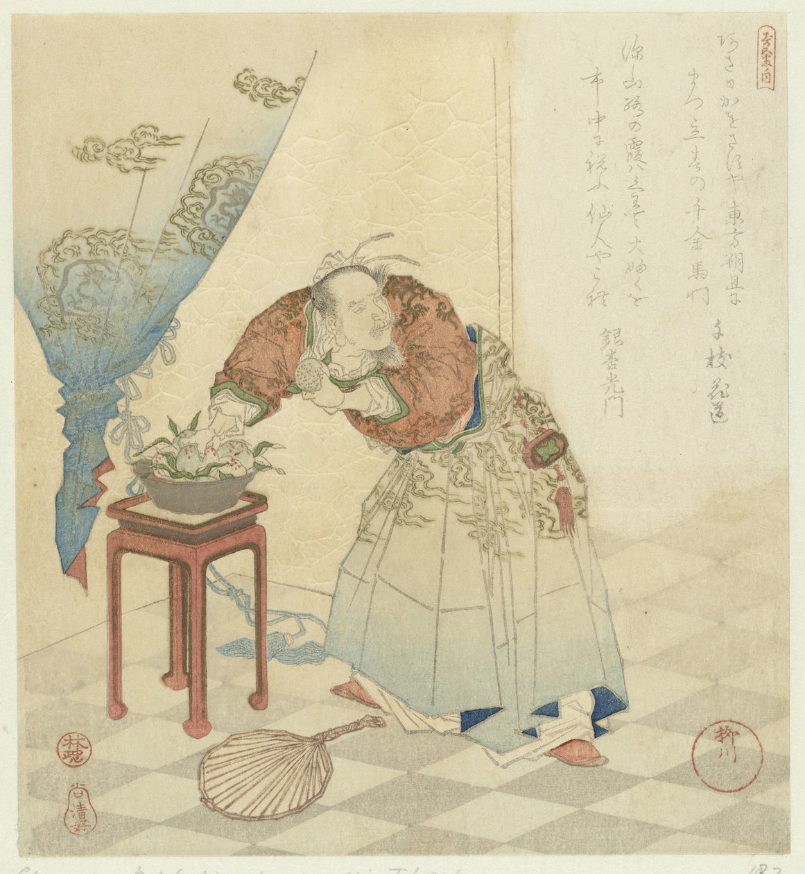 Tôbôsaku krade nesmrtelné broskve Pět obrázků o dlouhověkosti (název série) Kotobuki goban no uchi (název série na objektu) od Yanagawa Shigenobu (I)